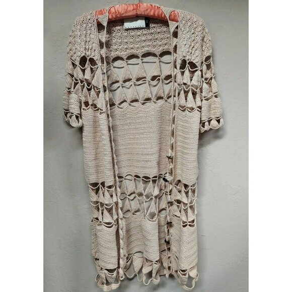 Mike Gonzalez Women XS Crochet Knit Boho Duster Long Cardigan Short Sleeve Beige - Picture 1 of 9